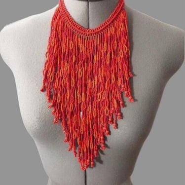 hand beaded red bib necklace, vintage statement jewelry gift for her 