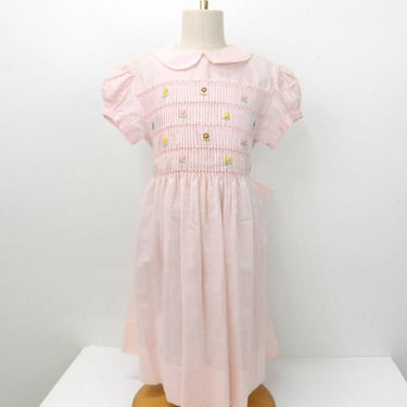 Vintage Childs Smocked Dress with Embroidered Flowers | 60s Dress with Peter Pan Collar  Size 