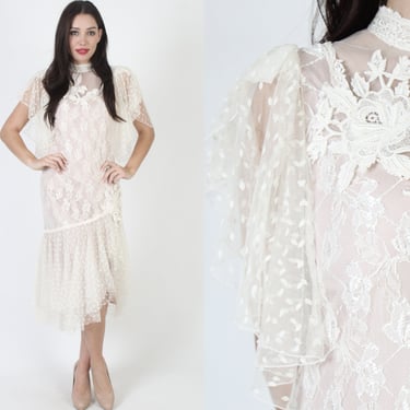 80s Drop Waist Floral Lace Dress / Vintage Hi Lo Mermaid Hem Deco Outfit / Retro Victorian Wedding Midi Maxi Gown 
