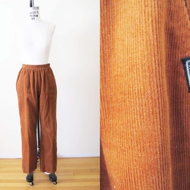 Vintage 80s Corduroy Elastic Waist Pants S M - Cinnamon Brown Orange Earthy High Waist Fine Wale Straight Leg Cords 