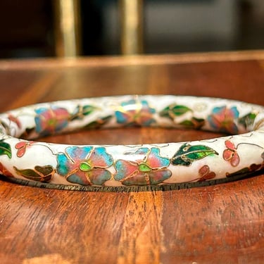 Cloissone Enamel Bracelet Hinged White Bangle Colorful Flowers Porcelain Vintage 