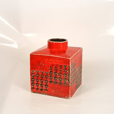 Red Vintage Carstens Op Art Cube Ceramic Fat Lava Vase Retro Mid Century Modern Brutalist West German Pottery Art Modernist Constructivist 