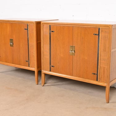 Mastercraft Mid-Century Modern Walnut and Brass Cabinets or Bedside Chests, Pair