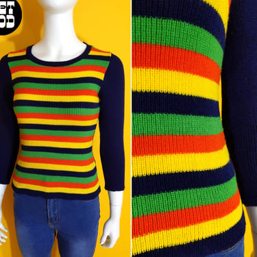 Awesome Vintage 60s 70s Navy Red Green Yellow Stripe Sweater 