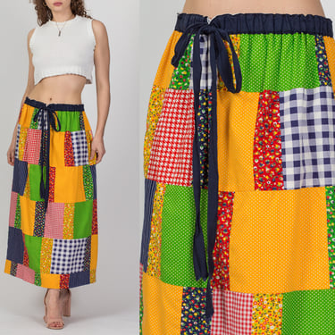 70s Boho Patchwork Maxi Skirt - Medium to Large | Vintage Floral Plaid A Line Long Hostess Skirt 