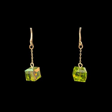 1960s Green Crystal and Gold Tone Chain Link Faux Pierced Drop Earrings | 60s Vintage Iridescent Cube Bead Clip-on Earrings 