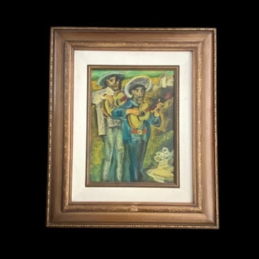 Vintage Original Oil on Board Painting by Artist: Carlos Lopez Ruiz  Musicians With Guitars 28" x 23.25" Wood Frame 