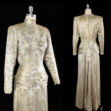 1930s Dress / 30s Platinum White Gold Metallic LAMÉ Gown / Button Back Wedding Dress / Golden Shell Buttons 