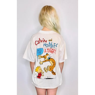 Calvin & Hobbes Cartoon Strip Shirt // vintage 80s 90s and graphic white boho tee t-shirt t top blouse oversize hippy // O/S 