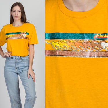 80s Yellow Ford Mustang T Shirt - Unisex Large | Vintage Glitter Iron On Graphic Car T Shirt 