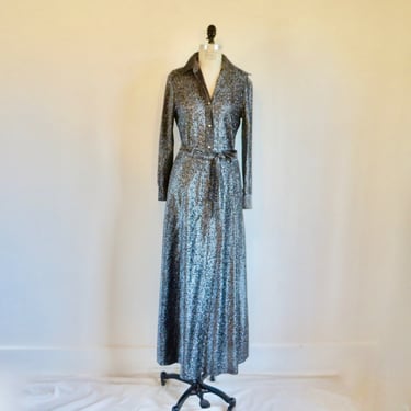 1970's Silver and Black Knit Two Piece Top and Maxi Skirt Set Evening Cocktail Party Mod 70's Hostess Gown Lady Manhattan 30" Waist Medium 