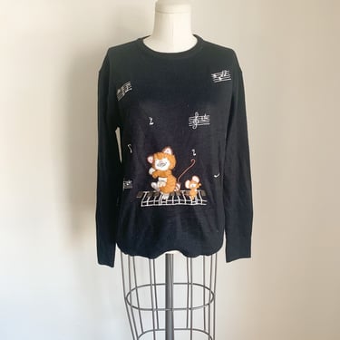 Vintage 1970s Musical Cat Novelty Sweater / M 