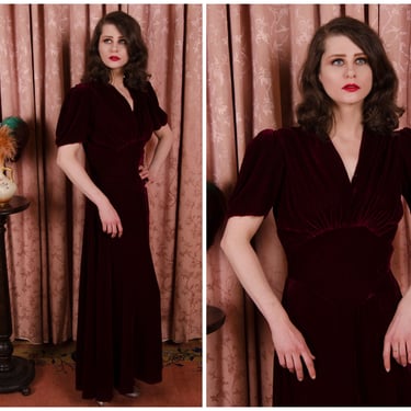 1930s Dress - Lovely Burgundy Late 30s Rayon Velvet Dress with Fitted Midwaist and Puff Sleeves 