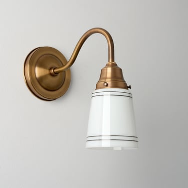 Gooseneck Wall Sconce - White Glass Cup Shade - Hand Painted Lines - Brass Wall Lamp - Kitchen Lighting 