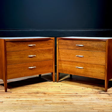 Restored Pair of Drexel Profile Walnut Bachelor's Chests Three Drawer Dressers by John Van Koert - Mid Century Modern MCM Bedroom Furniture 