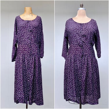 Vintage 1990s HARARI Drop-Waist Purple Paisley Rayon Dress, Loose-Fit Tea Length ONE SIZE up to 44" Bust 
