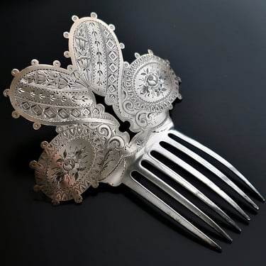 Victorian Aesthetic Heart Motif Sterling Hair Comb Albert Coles & Co. 