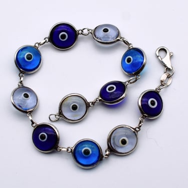 80's Malocchio eye of god glass sterling arcana bracelet, 925 silver shades of blue evil eye stackable 