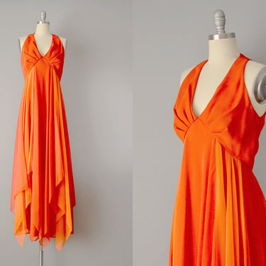 70s Dress / 1970’s Two-Tone Orange Chiffon Halter Gown / 1970s Chiffon Gown / Goddess Dress / Orange Chiffon Dress / Dress with Cape / Small 