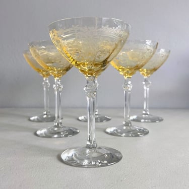 Vintage Fostoria Glass June Topaz Etched  Elegant Glass 6 Champagne Glasses 