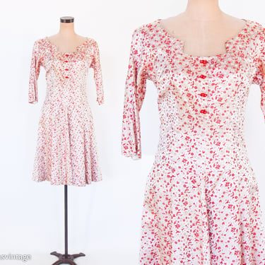 1940s Pink Floral Satin Dress | 40s Ivory & Red Floral Dress | Medium 
