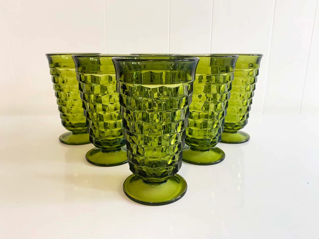 1970s Anchor Hocking Lido Crinkle Glass Tumblers in Avocado - Set