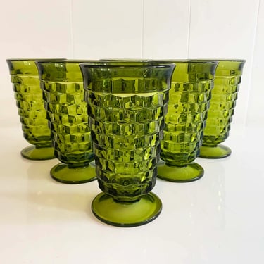 Vintage Iced Tea Glasses Set of 6 Indiana Glass Whitehall Pattern Dark Green Avocado Highball Glasses 1960s 60s Wine Goblet Water MCM 