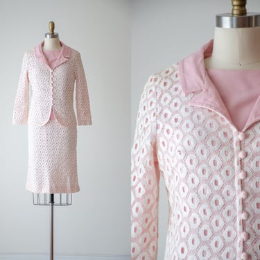 pink lace suit | 60s vintage Marie Phillips pastel pink white crochet lace skirt jacket set 