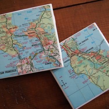 1968 San Francisco California Vintage Map Coasters Set of 2 - Ceramic Tile - Repurposed 1960s Sinclair Map - Handmade - Bay Area - Berkeley 