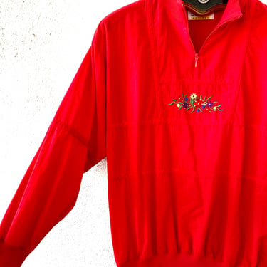 Vintage 80s Embroidered Windbreaker Red Pullover Sweatshirt 