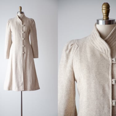 beige wool princess coat | 70s 80s vintage tan cream herringbone academia style fit and flare heavy wool coat 