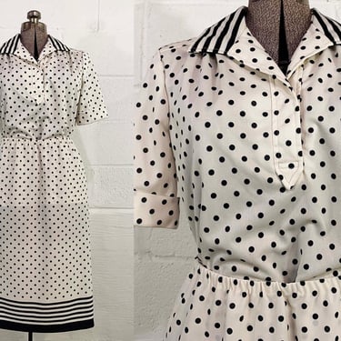 Vintage Polka Dot Outfit Short Sleeve Top Shirt Skirt Set Black & White Separates Secretary Outfit 1980s 80s Large XL 