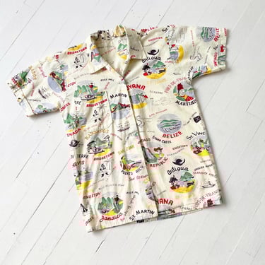1950s Caribbean Souvenir Shirt – Island Name Print Cotton Blouse, XS/S Vintage 
