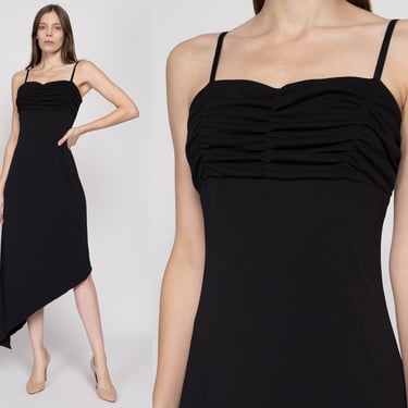 Medium 90s Black Asymmetrical Midi Party Dress | Vintage Spaghetti Strap Ruched Bodice High Low Hem Dress 