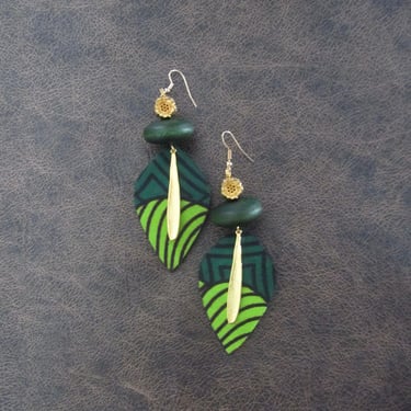 African print earrings, Ankara earrings, wooden earrings, bold statement earrings, Afrocentric earrings, exotic batik green gold 