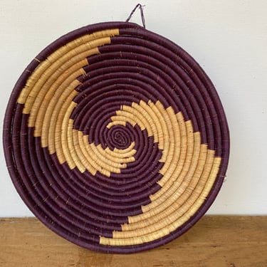 Vintage Coiled Purple Basket, Boho, Swirl Design, Sisal Raffia Woven Bowl, Wall Basket , Hanging Art, Southwestern Decor, Ethnic Tribal 