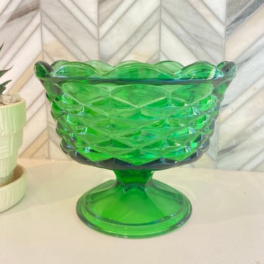 Indiana Glass Whitehall Emerald Green Glass Candy Dish, Compote Bowl, Pedastal, Diamond Pattern, Scalloped Edge, Vintage Glassware 
