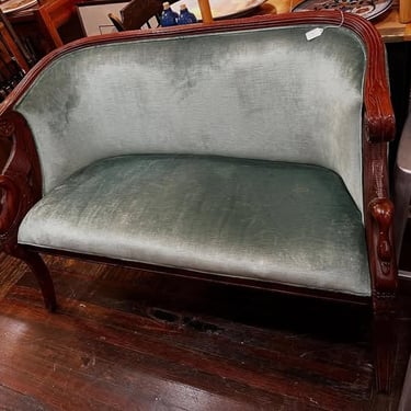 Carved swan teal settee. 49” x 23” x 34” seat height 18” 