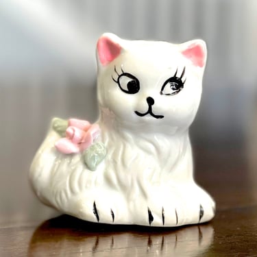VINTAGE: Ceramic Cat Figurine - Pink Rose - Hand Painted - Gift Idea - Love for Cats - Gift - SKU 24-C-00010560 