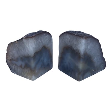4.8 LBS Vintage Grey Blue Natural Agate Bookends || Mid-Century Boho Crystal Geode Healing Decor 
