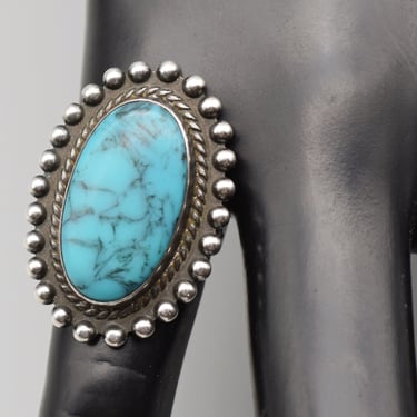 Big 70's sterling turquoise size 5.5 Southwestern solitaire, beaded 925 silver oval hippie rocker ring 