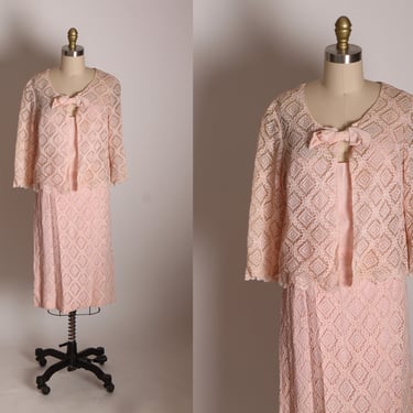 1960s Blush Pink See Through Diamond Shape Lace Slip Dres with Matching Over Jacket Two Piece Outfit Dress -L 