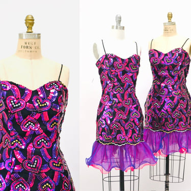 80s 90s Glam Vintage Sequin Dress 80s Prom Party Dress with Sequin hearts Barbie costume Pink Purple Sequin Metallic Dress Size SMall Medium 