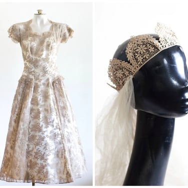 1950s wedding dress with taupe lace overlay and matching crown veil from Cahill Beverly Hills 