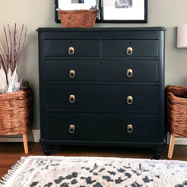SOLD antique chest of drawers painted in black with aged brass ring pulls 