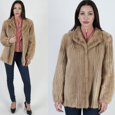 80s Natural Brown Mink Coat, Corded Fur Bomber Jacket, Windged Lapel Collar, Vintage 1980's Recycled Real Fur Jacket Sz L 
