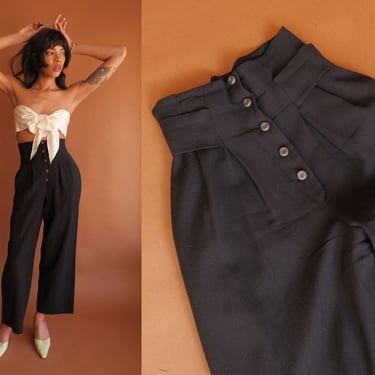 Vintage 80s Ribcage Rise Black Crepe Trousers/ 1980s High Waisted Button Fly Wide Leg Pants/ Size XS 26 