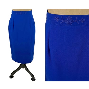 90s Y2K Cobalt Pencil Skirt Medium - Royal Blue Straight Midi Skirt with Pockets 