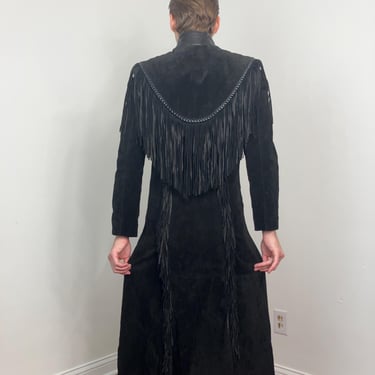 80s Diamond Leathers black suede fringe western style trench coat 