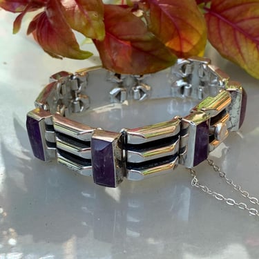 Vintage Sterling & Amethyst Bracelet - Nice Quality and Weight - 925 Sterling - Handmade in Taxco, Mexico - Box Clasp - 7-1/4 Inches Long 